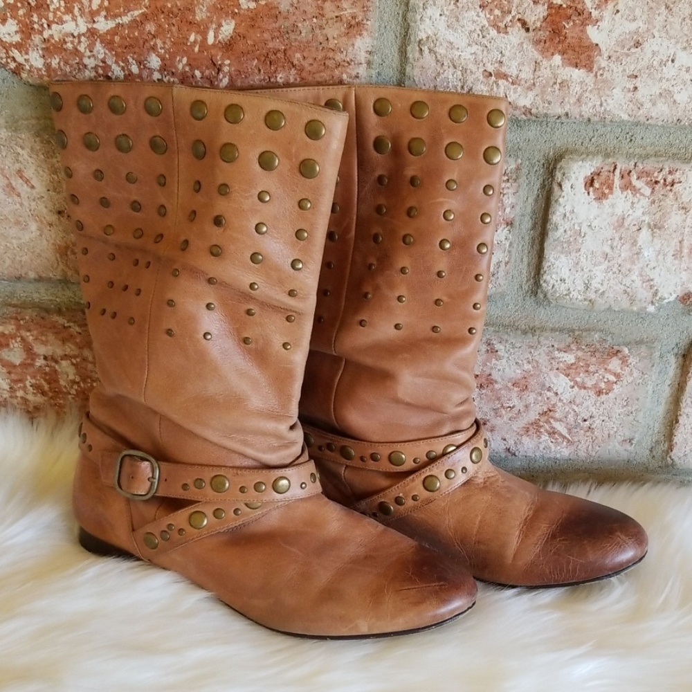 Aldo brown leather embellished flat boots